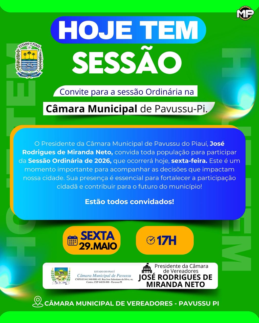 Câmara Municipal de Pavussu convida população para Sessão Ordinária.